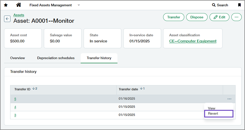 Pestaña Historial de transferencias de un activo que muestra el botón Revertir transferencia.