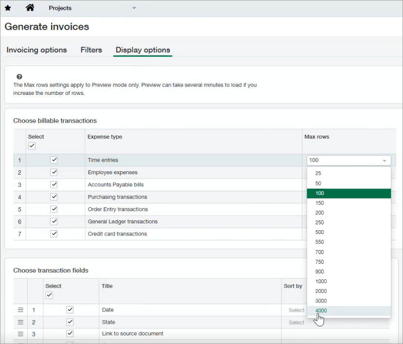 Generar facturas Muestra opciones que indican los tipos de gastos y selecciona hasta 4000 filas.