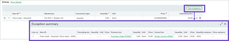 Ventana de resumen de excepciones