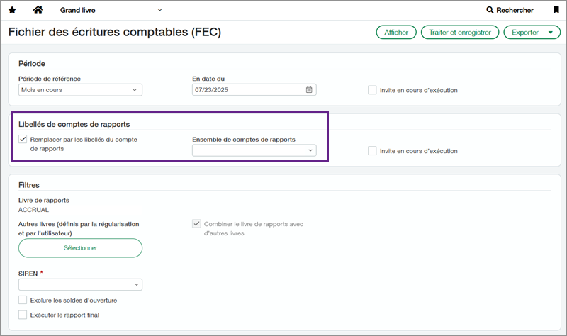 Captura de pantalla de la página del informe FEC con la sección Etiquetas de cuentas de informe resaltada en un cuadro morado.