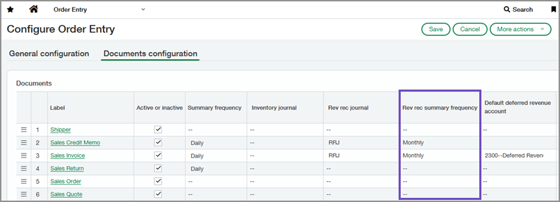 Pestaña Configuración de documentos en Configurar los Pedidos que muestra la columna de frecuencia de resumen de ingresos recurrentes.
