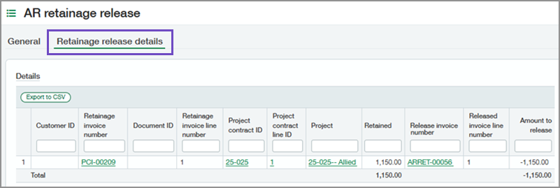 Página de liberación del importe retenido de Cuentas a cobrar que muestra la pestaña Detalles de la liberación del importe retenido