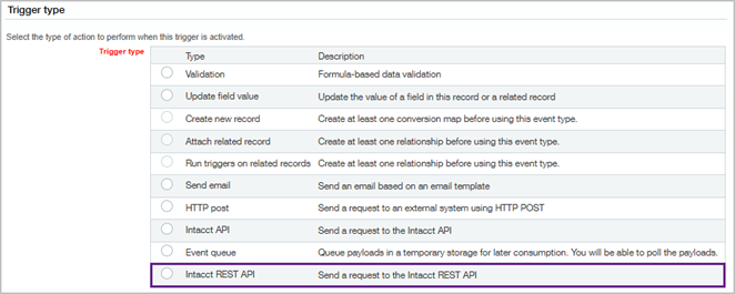 Página de selección del tipo de activador con la opción de API REST de Intacct disponible.