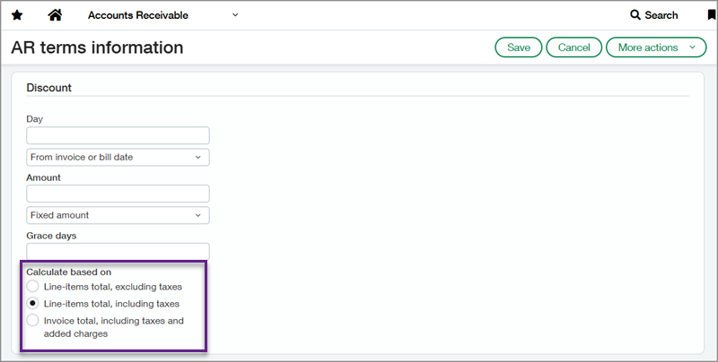 Captura de pantalla de la sección Descuento de la página de configuración de información sobre las condiciones de Cuentas a cobrar con un cuadro de llamada alrededor de los botones de opción del método de cálculo.