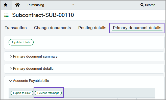 Pestaña de detalles del documento principal que muestra el botón Liberar importe retenido