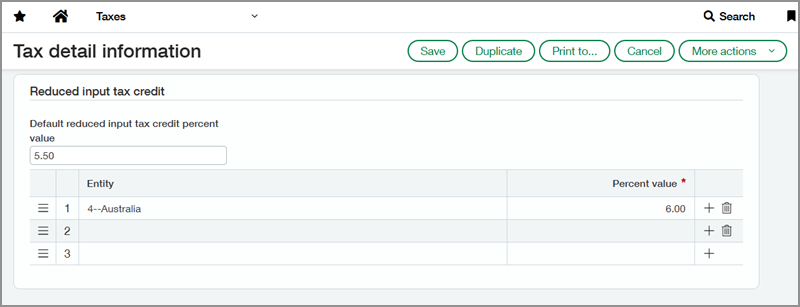 Captura de pantalla de la sección de configuración de RITC de la página de información sobre detalles del impuesto.