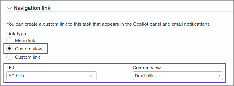 Sección de enlace de navegación de una ficha de plantilla de tarea. Opción de Vista personalizada seleccionada.