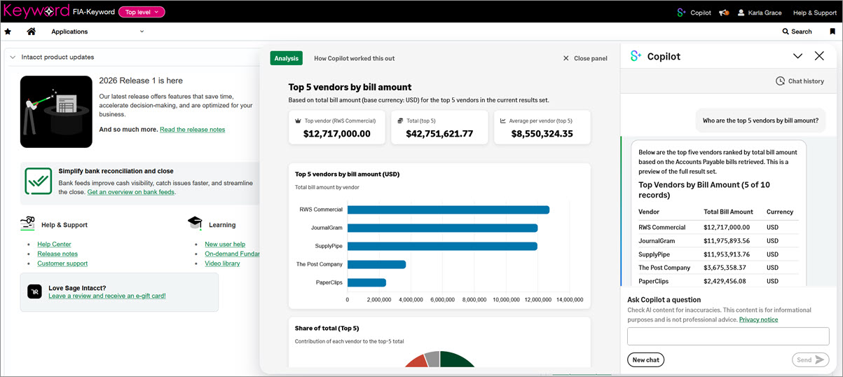 Ejemplo del agente de Finance Intelligence en Sage Copilot.