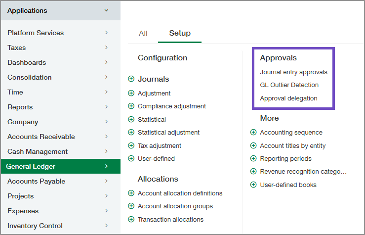 Menú configuración del Libro Mayor con la nueva sección Aprobaciones rodeada con un círculo.