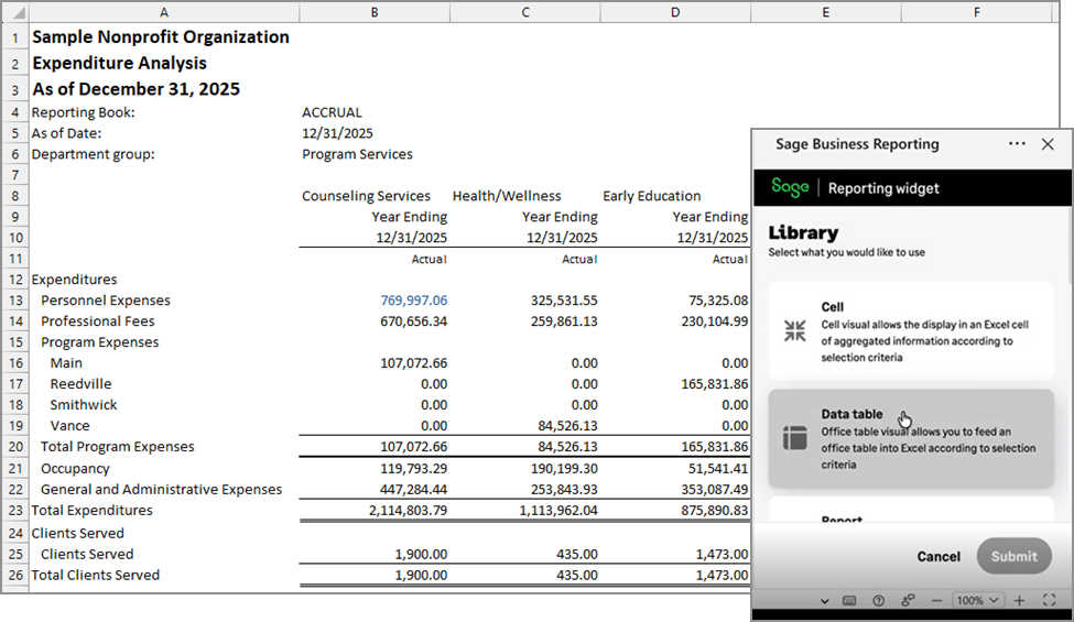 Un informe en una hoja de cálculo de Excel junto al widget de Sage Reporting.