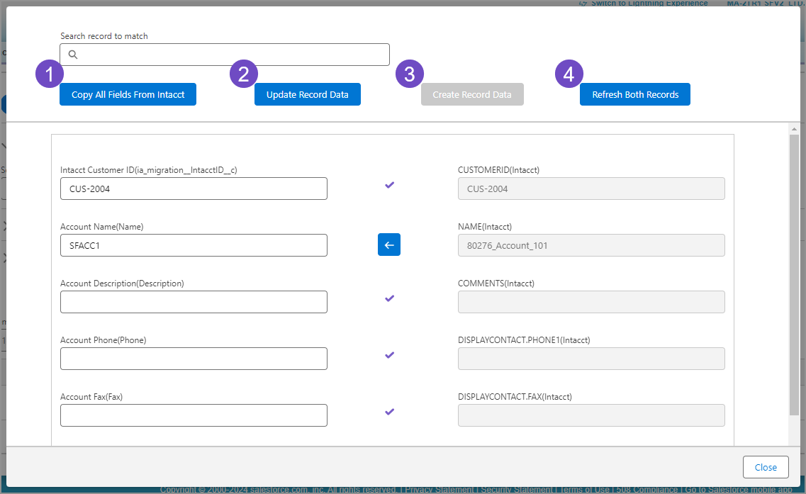 Ventana emergente de comparación de registros en Salesforce.