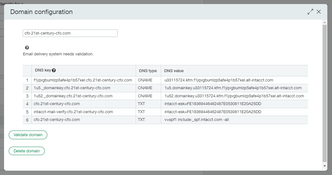 Un tableau qui affiche des exemples des 6 clés DNS nécessaires pour configurer DKIM.