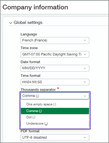 Options de séparateur de milliers sur la page Informations sur la société.