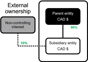 Une entité mère détient une participation majoritaire de 90 % dans une entité filiale. Intacct attribue à un tiers externe la participation minoritaire ou minoritaire de 10 %. La devise de tenue de compte des deux entités est le dollar canadien.
