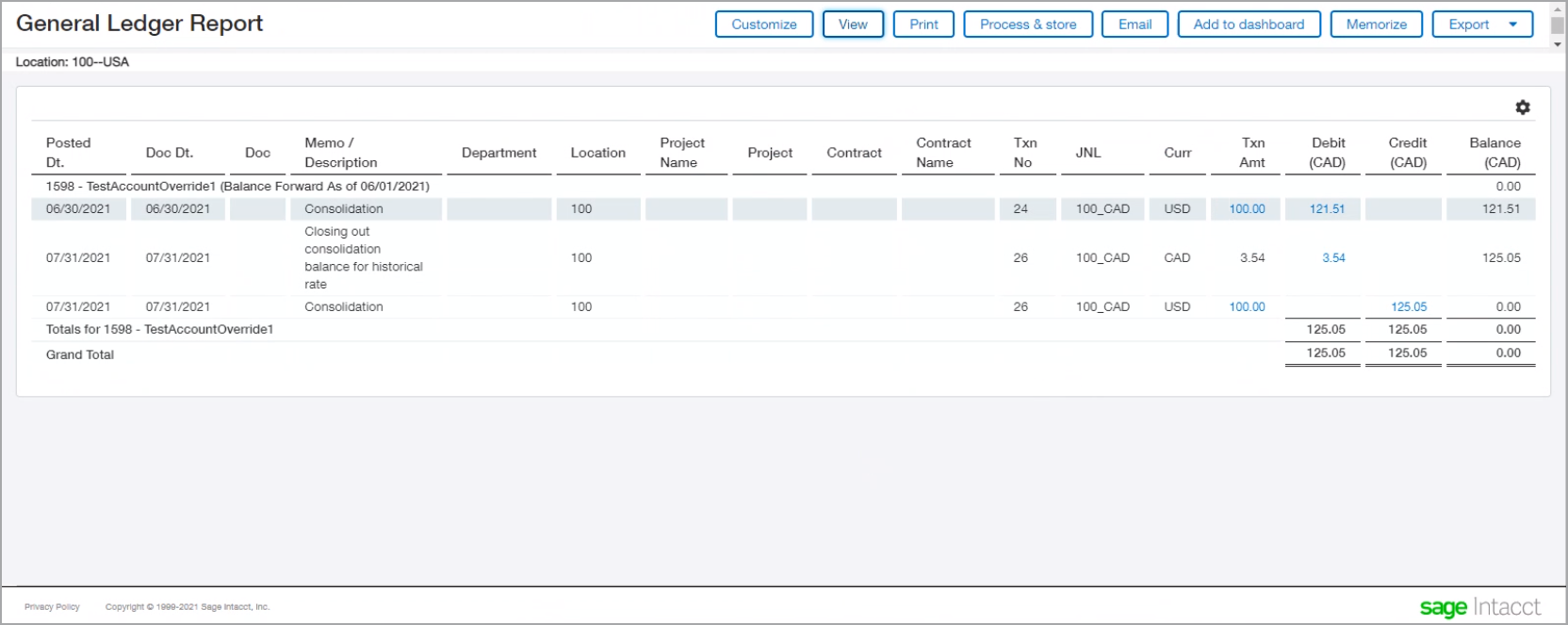Rapport du Grand livre résumant la clôture historique des taux.