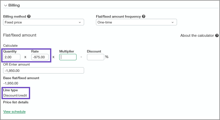 La quantité est 2, le taux est de -975. Le montant OR Enter est de -1950,00. Le type de ligne est Remise/Crédit.