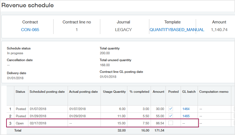 Calendriers de revenus pour un total de 1 140,74 affiche une écriture de calendrier ouvert pour le 17 février qui utilise le nouveau montant de ventilation dans le calcul des revenus basés sur la quantité.