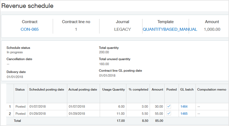 Le calendrier des revenus pour un total de 1 000,00 affiche les revenus associés à deux fiches d’utilisation comptabilisées à des dates différentes en janvier.