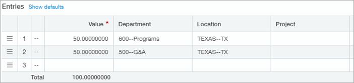 Exemple de ventilation qui répartit les montants de manière égale entre deux services.