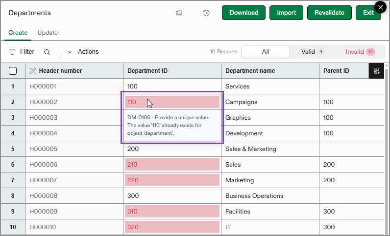 Messages d’erreur surlignés en rouge sur une fiche de service d’importation.
