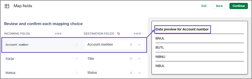 Champs mappés prévisualisant les données.