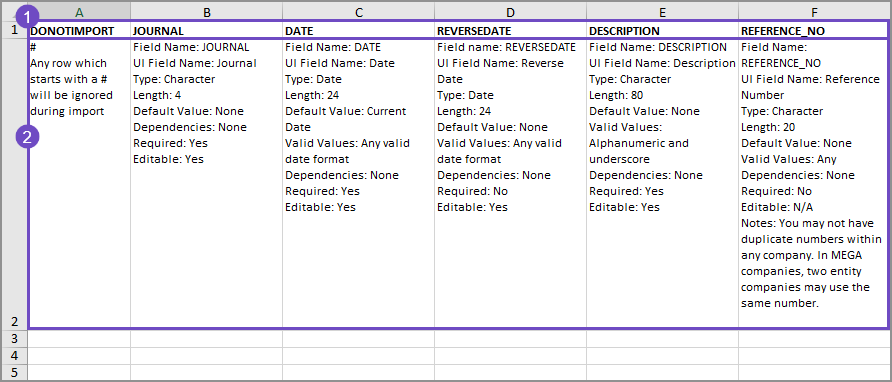 Exemples de ligne d’en-tête et de ligne de description d’en-tête dans un modèle d’importation CSV.