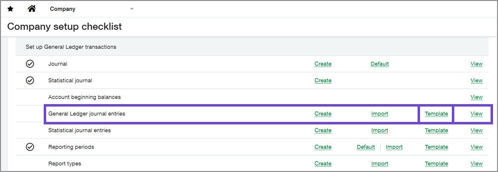 Où trouver le modèle d’écriture de journal du Grand livre sur la page Liste de contrôle de configuration de la société.