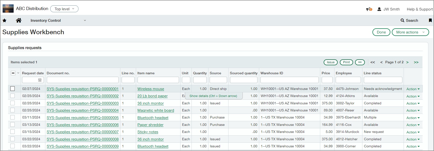 Page de l’atelier de fournitures