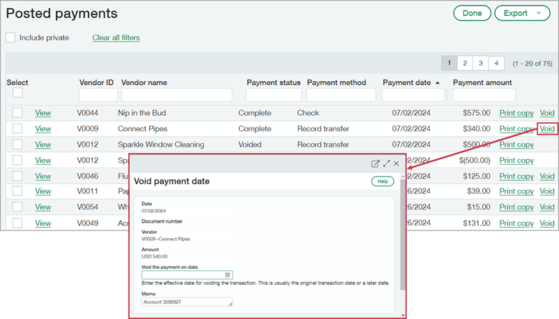 La page Paiements comptabilisés affiche un lien d’annulation pour les paiements non annulés, et la sélection du lien fait apparaître la fenêtre contextuelle Annuler le paiement.