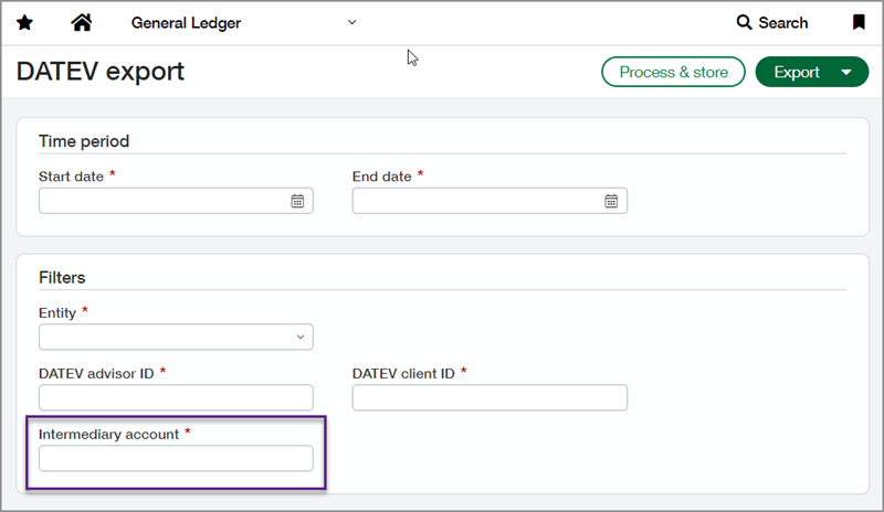 Capture d’écran de la page d’exportation DATEV avec une légende pour le champ Compte intermédiaire.