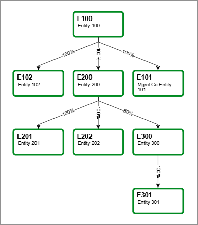 Une structure de propriété à 3 niveaux avec l’entité E100 au sommet; entités E101, E102 et E200 au premier niveau de la filiale; entités E201, E202 et E300 au deuxième niveau de la filiale; et l’entité E301 au troisième niveau de la filiale.