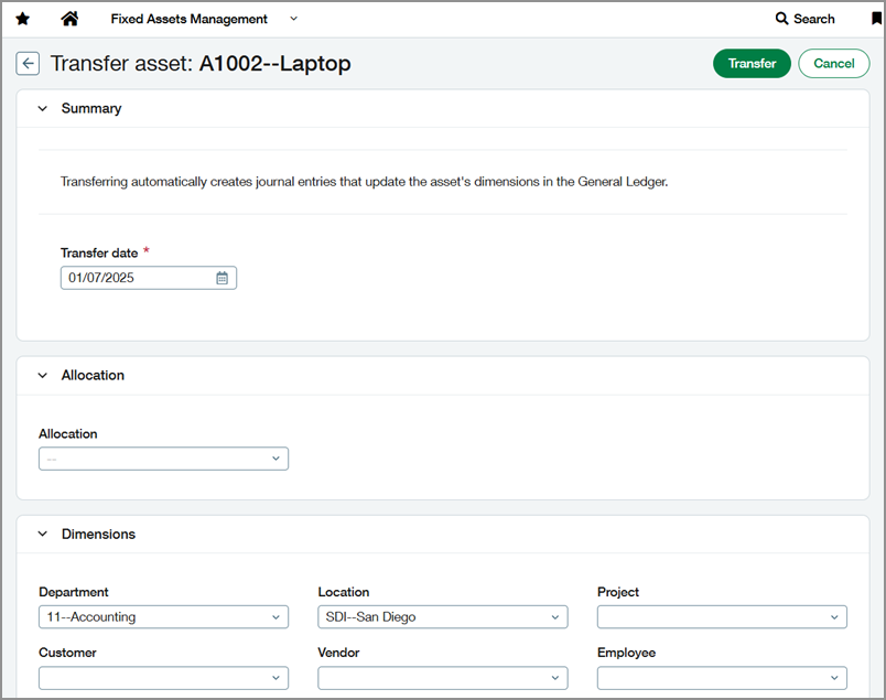 La page Transférer un actif.