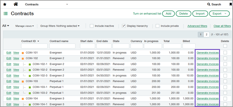 Liste des contrats affichant les liens Générer les factures.