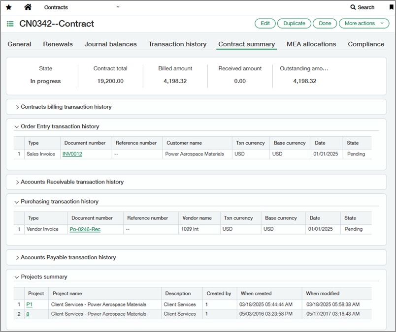 Onglet Sommaire du contrat d’un contrat.