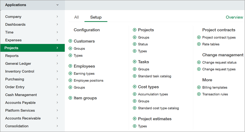 Menu de l’application Projets sous l’onglet Configurer.