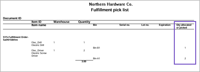 Colonne Quantité allouée ou prélevée de la liste de prélèvement