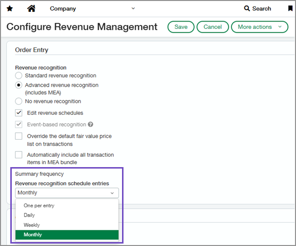 Page de configuration de la gestion des revenus indiquant le paramètre de fréquence de synthèse.