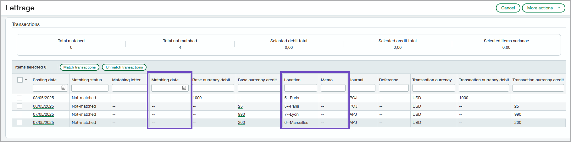 Section Transactions de la page Lettrage. Les nouvelles colonnes sont mises en évidence : Date de correspondance, Emplacement et Mémo.