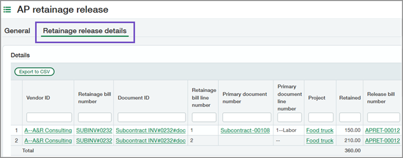 Page de levée de retenue de garantie des CF affichant l’onglet Détails relatifs à la levée de la retenue de garantie