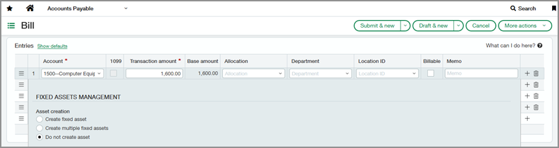 Une facture fournisseur affichant la première ligne d’écriture développée et l’option Ne pas créer d’actif sélectionnée.