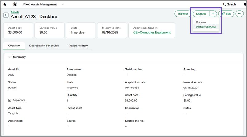 Un actif affichant les options déroulantes du bouton Céder