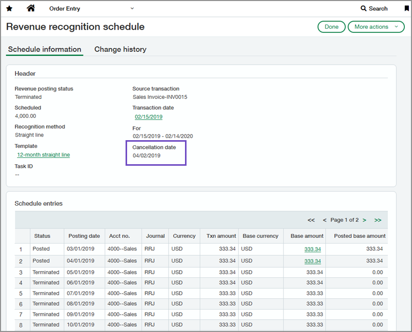 Page Calendrier de constatation des produits affichant le champ Date d’annulation