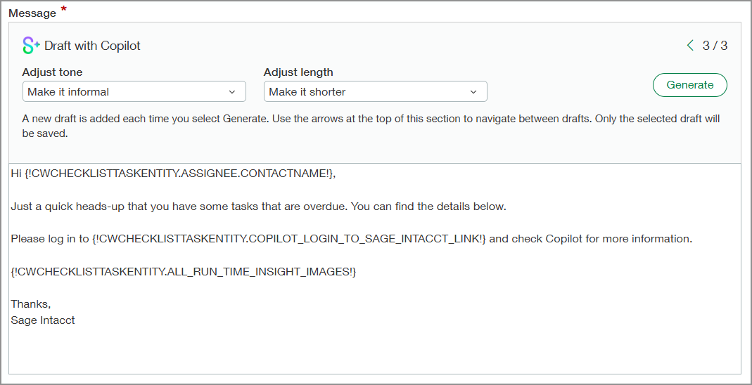 Section Message de la page Modèle de courriel.