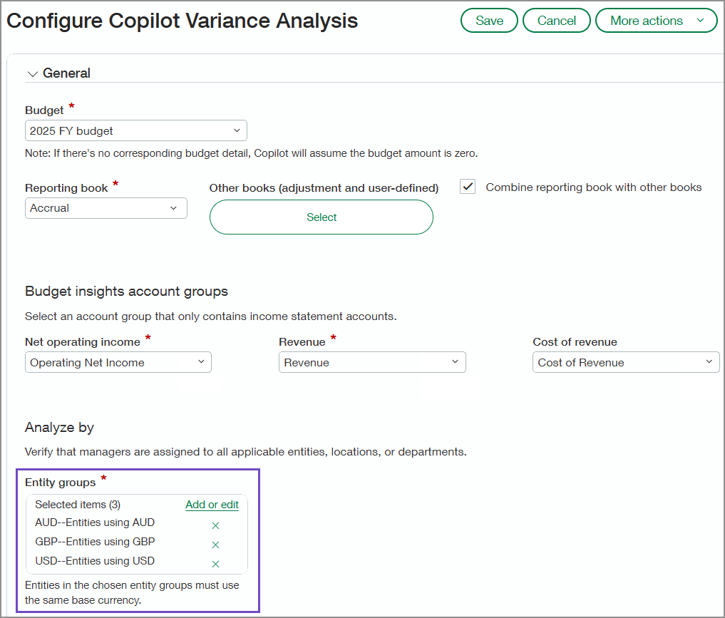 Page Configurer l’Analyse des écarts avec la section Groupes d’entités entourée.