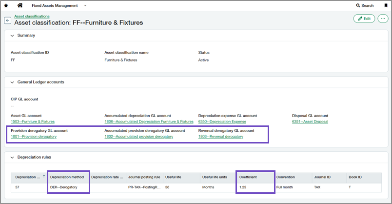 Une classification d’immobilisations comportant des comptes du grand livre général et une méthode d’amortissement dérogatoire.