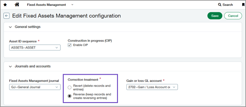 Page de configuration affichant le paramètre de traitement de correction