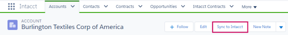 Le bouton Synchroniser vers Intacct sur une fiche de compte dans Salesforce.