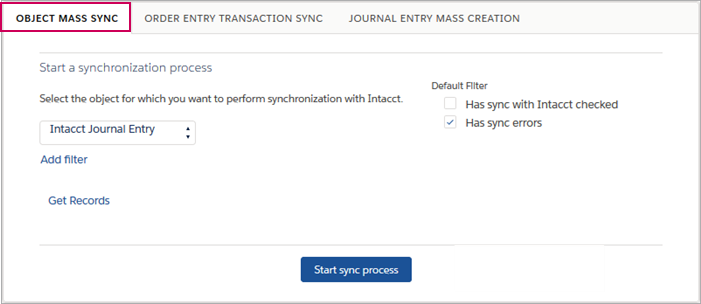 Paramètres de l’outil de synchronisation en masse des objets pour synchroniser les fiches qui comportaient des erreurs de synchronisation précédemment.