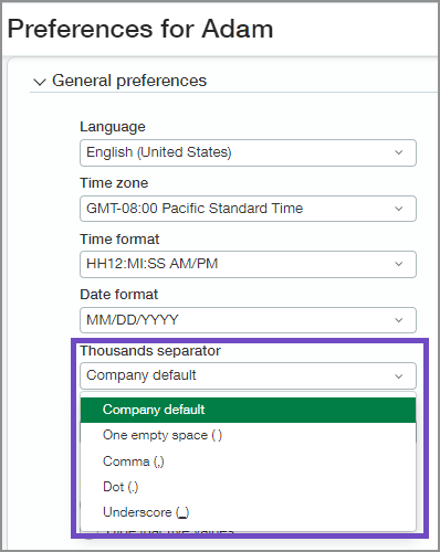 Options de séparateurs de milliers disponibles sur la page Mes préférences.