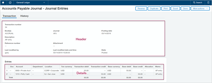 Page « Journal des Comptes fournisseurs - Écritures de journal » de l’interface utilisateur, avec les panneaux En-tête et Détails mis en surbrillance pour les mettre en évidence.